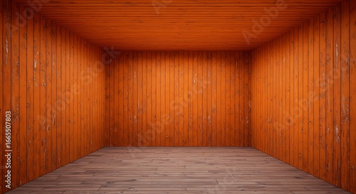 Empty square room with Orange flaky paint on a wooden fences on wall