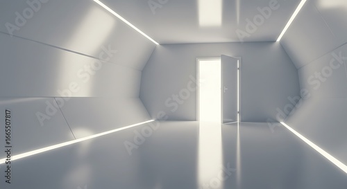 This image depicts a spacious, futuristic corridor leading to an illuminated open door, symbolizing new beginnings and unexplored opportunities in a modern, abstract setting.