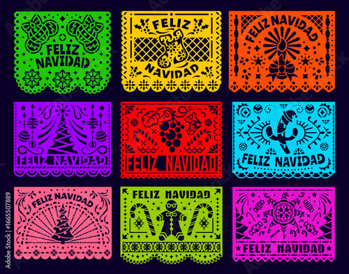 Feliz Navidad New Year mexican paper cut papel picado garland pennant flags. Feliz Navidad mexican bright color bunting flags with paper cut Christmas trees, snowflakes, candles and pinata pattern