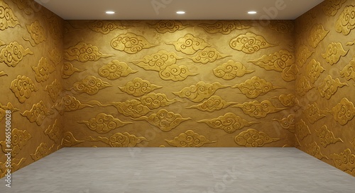 Empty square room with Chinese cloud pattern gold color textures on wall