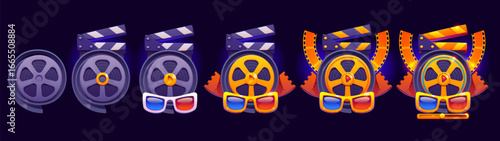 Movie theater or video rating rank badge, game level progress stage. Cartoon vector cinema icons with film reels, clapperboards and 3d glasses showing game level progression from basic to premium