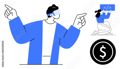 Man wearing VR goggles pointing, woman programming on a screen, dollar icon for innovation, technology, coding, finance, virtual reality, education teamwork. Ideal for modern tech-based simple
