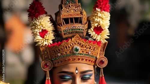 Close-up of a balinese dancer wearing a traditional golden headdress with intricate details and
