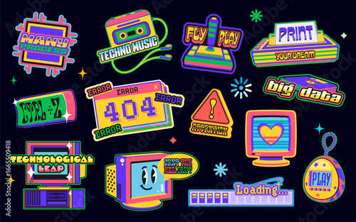 Retro technology y2k groovy stickers, vintage device patch labels. Vector set of nostalgic 90s retro futuristic digital badges featuring vintage computers, error messages, loading bars, floppy disks