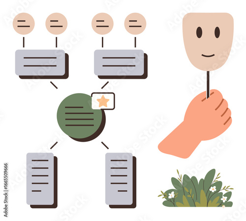 Flowchart with connected bubbles, text boxes, and a starred center, hand holding smiling mask, blooming plants. Ideal for communication, teamwork, mental health, self-expression creative