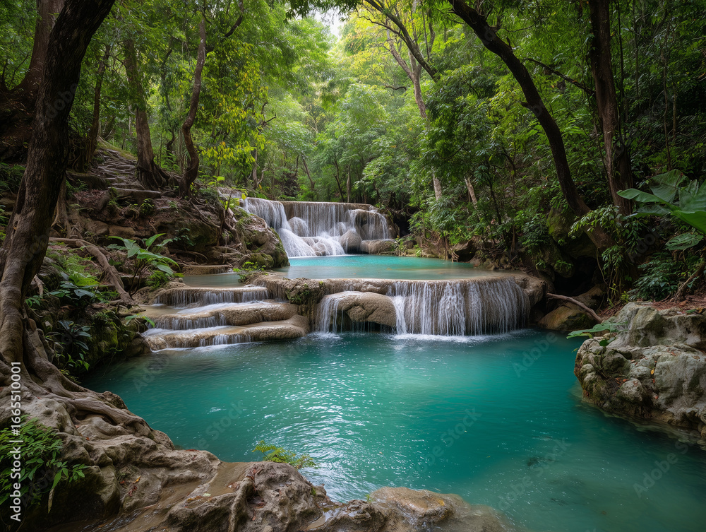 Naklejka premium Erawan Falls Thailand, layered turquoise pools, jungle surroundings, cinematic wide shot