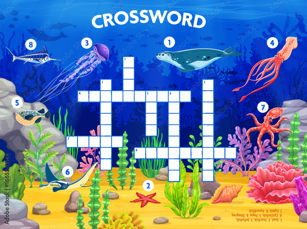 Naklejka premium Crossword quiz game grid with sea animals. Vector crossword puzzle for kids with cartoon underwater marine jellyfish, seal, squid, octopus, ray, pufferfish, starfish and swordfish swimming in ocean