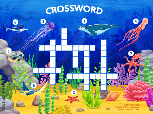Crossword quiz game grid with sea animals. Vector crossword puzzle for kids with cartoon underwater marine jellyfish, seal, squid, octopus, ray, pufferfish, starfish and swordfish swimming in ocean