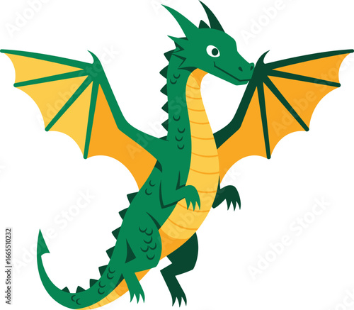 This vibrant illustration showcases a charming green dragon with outstretched golden wings, rendered in a pixel art style.