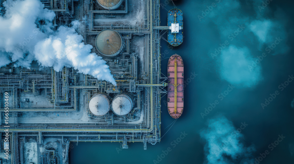 Fototapeta premium Aerial view of oil refinery showcasing large storage tanks and cargo ship docked nearby. scene captures industrial activity with steam rising, reflecting energy sector operations