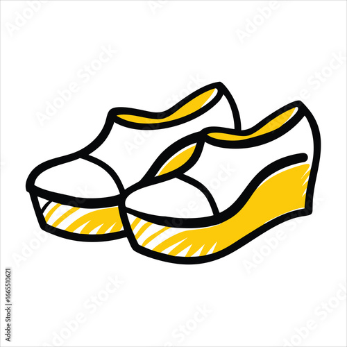 Detailed black and white sketch of two wedge heel shoes