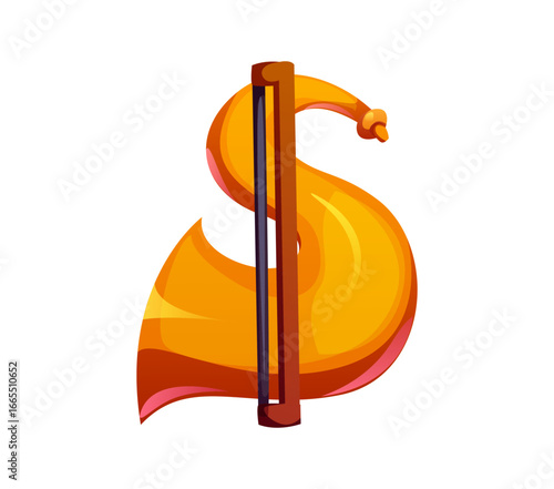 Cartoon musical font dollar sign as a brass trumpet with a violin bow. Music instrument typeface glyph, entertainment funny type, alphabet. Isolated vector musician abc character, typography symbol