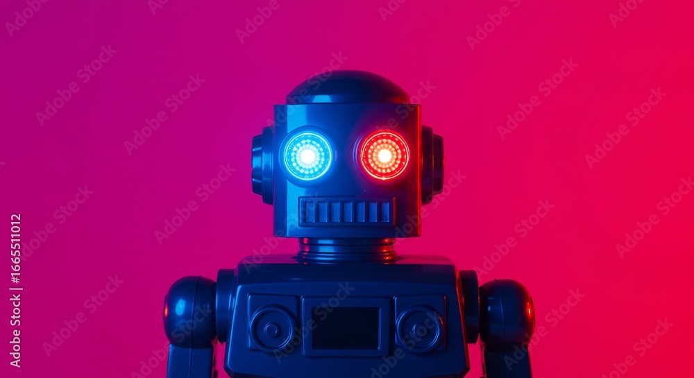 Fototapeta premium 未来型ロボット 赤青光る瞳 神秘的雰囲気 鮮やか背景. AI Generated