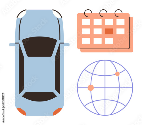 Blue car, calendar, and global map with markers symbolize travel organization, planning, scheduling, global reach, time management, road trips and logistics. Ideal for transportation and efficient