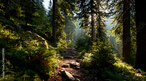 Sunlit Forest Path A Serene Hiking Trail Through Lush Green Woods