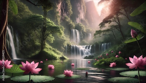 Fototapeta Naklejka Na Ścianę i Meble -  Enchanting waterfall cascading into a serene pond surrounded by lush greenery and blooming lotus flowers