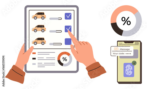 Tablet with car options, selection process, pie chart, phone with security code and fingerprint confirmation. Ideal for automotive, technology, surveys, data analysis, security online forms