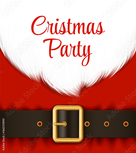 Realistic Christmas Santa beard and costume. Vector Xmas holiday poster with fat father Noel belly, iconic red suit, white fur trim and black belt with a gold buckle. Template for party invitation