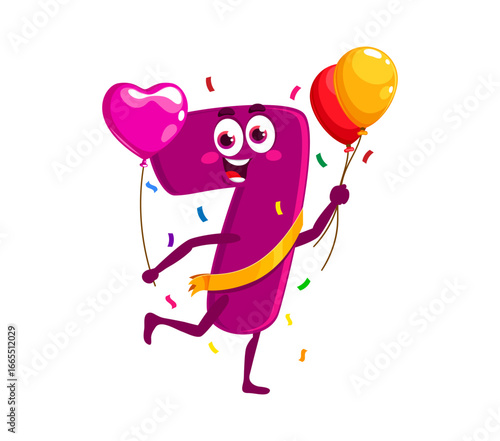 Birthday celebration cartoon math number character. Kids birthday math number isolated vector happy mascot, birthday party mathematics digit or arithmetic symbol cute character running with balloons