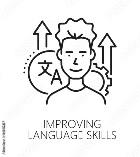 English language translation skills line icon or sign. Language translate outline vector symbol, English language dictionary pictogram. Vocabulary sign with young man character and up arrows