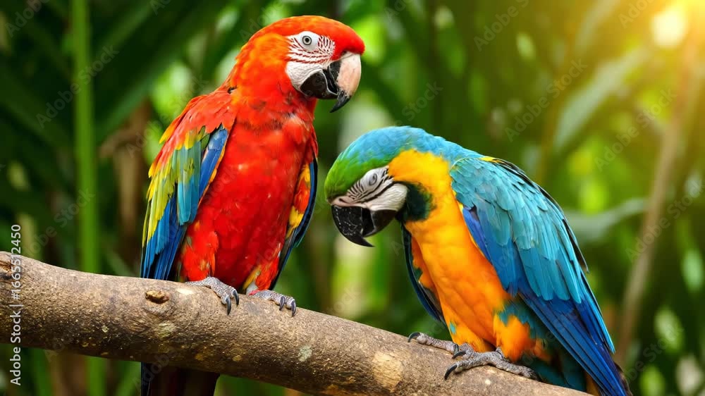 Two vibrant macaws perched on a branch, nestled within a lush, tropical rainforest setting. Two vibrant macaws perched on a branch, nestled within a lush, tropical rainforest setting.