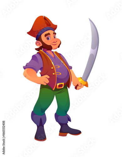 Cartoon pirate ship crew character brandishing gleaming sword. Isolated vector corsair sailor personage with cunning grin and beard, wearing vest, ready for high seas adventure and daring exploits