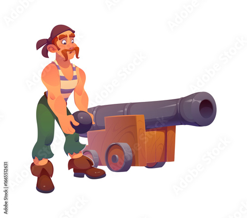 Pirate gunner ship crew character, cartoon cheerful corsair loading cannonball into large cannon on a wooden carriage. Isolated vector muscular man with mustache, swashbuckling sailor ready for battle