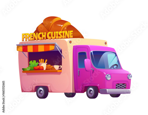 Cartoon food truck or vintage festival street foodtruck with croissant, vector car. French cuisine street food truck or cafe foodtruck with coffee and croissant dessert, bakery pastry street food