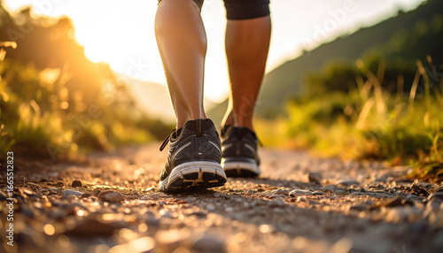 Running shoe trail outdoor fitness exercise sunset legs path nature sport person sunlight healthy jogging activity ground dirt landscape workout motion black shoe casual leisure summer sunlight