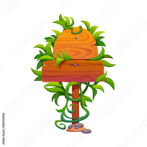 Cartoon wooden road sign board decorated tropical jungle leaves and lianas. Information message or path wooden signboard or blank cartoon vector banner. Road sign with jungle ivy plant, liana leaves
