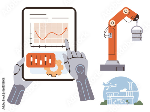 Robotic hand operates touchscreen tablet tracking analytics beside industrial robot arm and airport. Ideal for technology, innovation, automation, AI, logistics, futuristic design, industry. Simple