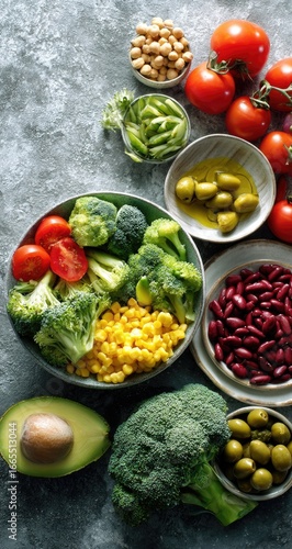 Wallpaper Mural Fresh, healthy food arrangement vegetables, beans, chickpeas, olives, avocado, corn, tomatoes Torontodigital.ca