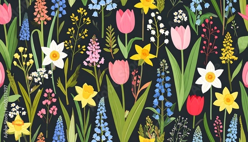 Colorful floral pattern with various spring flowers on a dark background