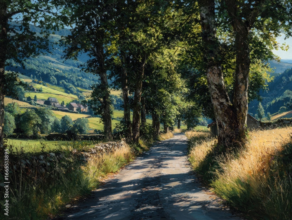 Obraz premium Road winds through trees to small hamlet in French countryside.