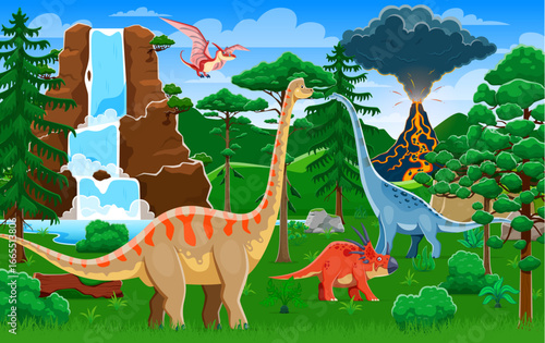 Cartoon prehistoric dinosaurs at volcano landscape in Jurassic jungle forest, vector background. Funny prehistoric lizards and reptiles for kids dino encyclopedia atlas or dinosaurs story book