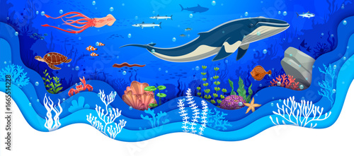 Paper cut underwater landscape with giant whale and seaweeds, vector sea animals and fishes. Funny turtle, starfish and crab with squid characters in paper cut coral reef underwater landscape