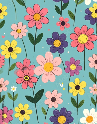 Wallpaper Mural Colorful flower pattern on a light teal background Torontodigital.ca
