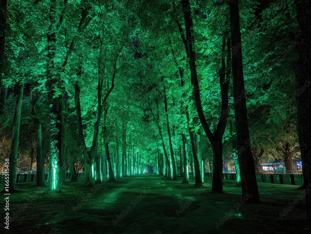 Obraz premium Enchanting forest path glows green, leading through illuminated trees at night