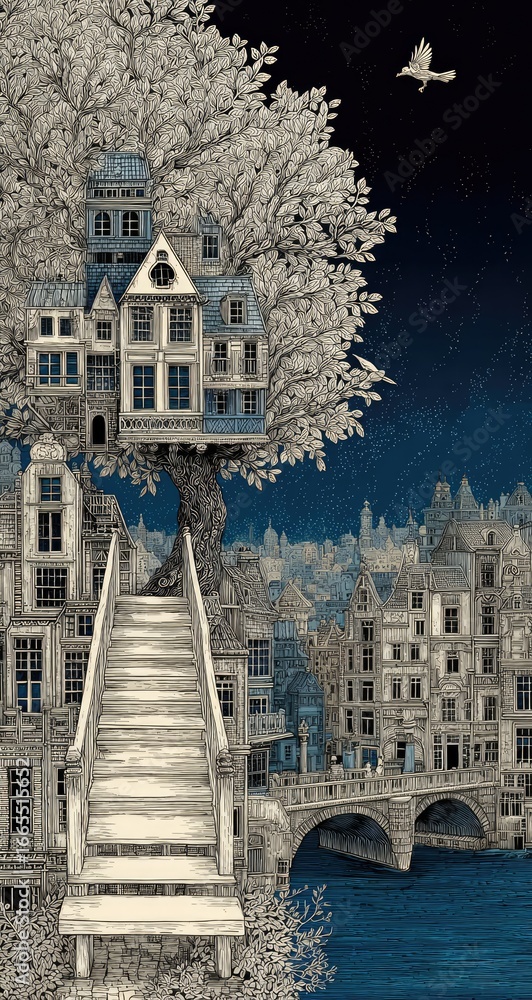 Naklejka premium Whimsical treehouse city scene with stairs, bridge, and flying bird under a night sky