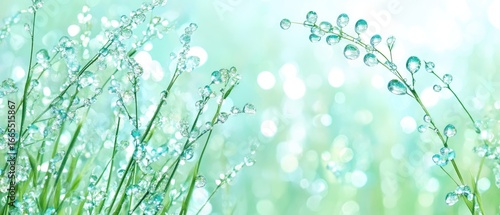 Dew drops cling to vibrant green blades of grass against a soft, bokeh background