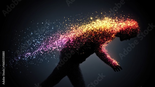 Figure disintegrates into vibrant particles, blending human form and ethereal light on a dark background