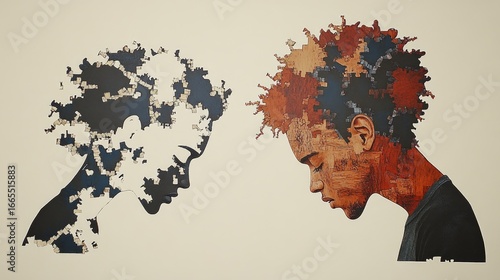 Duality portrait. One side in shadow, the other in color, with puzzle piece abstraction