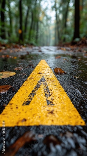 Wet forest path with yellow triangle