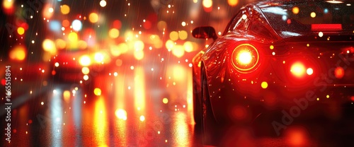 Red sports car at night in rain