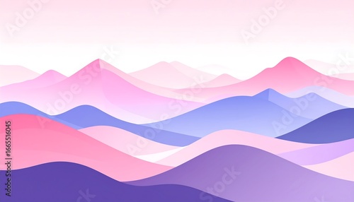 A serene landscape of soft, pastel-colored mountains, layered in shades of pink, purple, and blue, evokes a tranquil and dreamlike atmosphere.