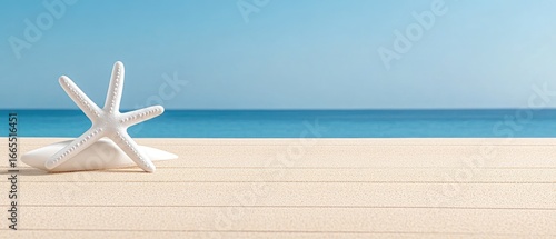 A starfish rests on wood, the ocean as a backdrop. Bright & calming nautical theme