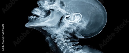 X-ray displaying human cranium and neck in profile view against a dark background showing internal skeletal structure