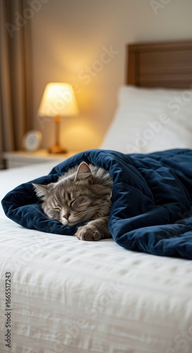 Cozy cat sleeping under a blue blanket on bed