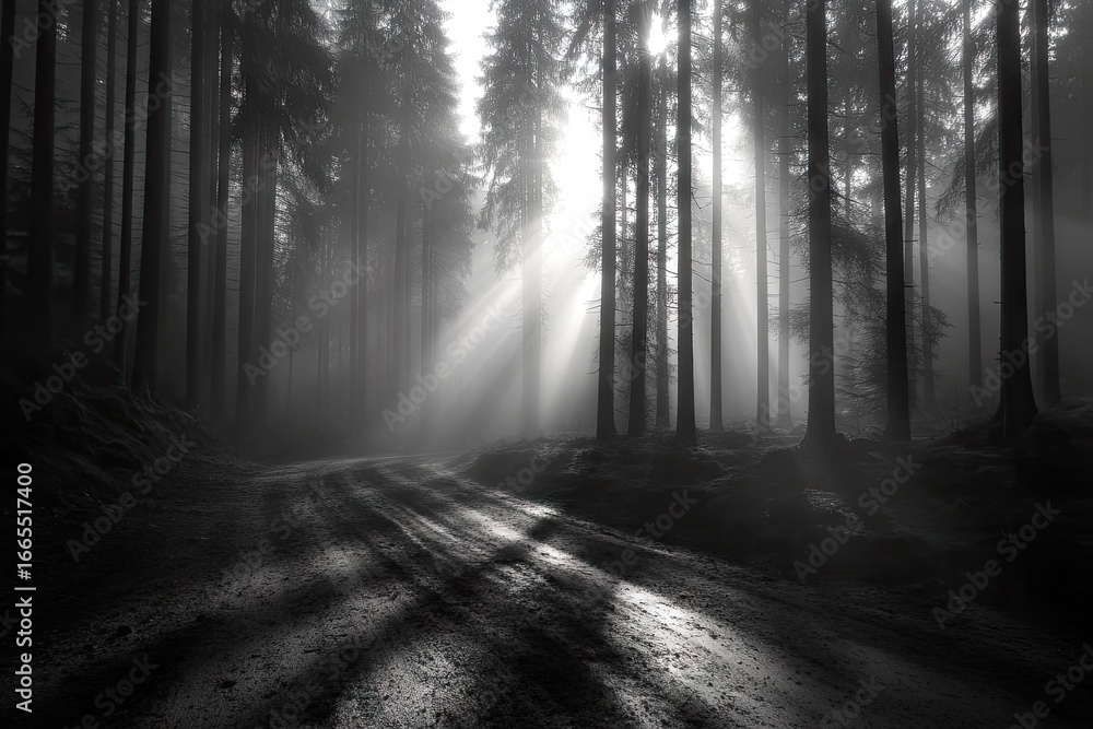 Fototapeta premium Forest path, sunbeams filtering through tall trees, casting shadows in a serene atmosphere