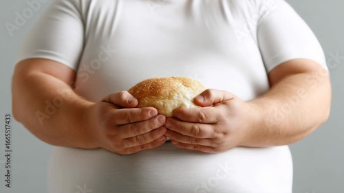 Overweight person holds a burger bun against a plain background